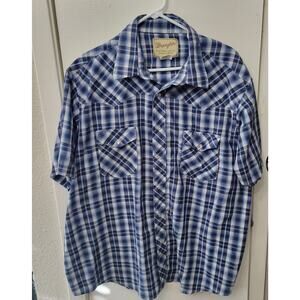 Wrangler Pearl Snap Western Blue White Plaid Short Sleeve Men's Shirt 2XL